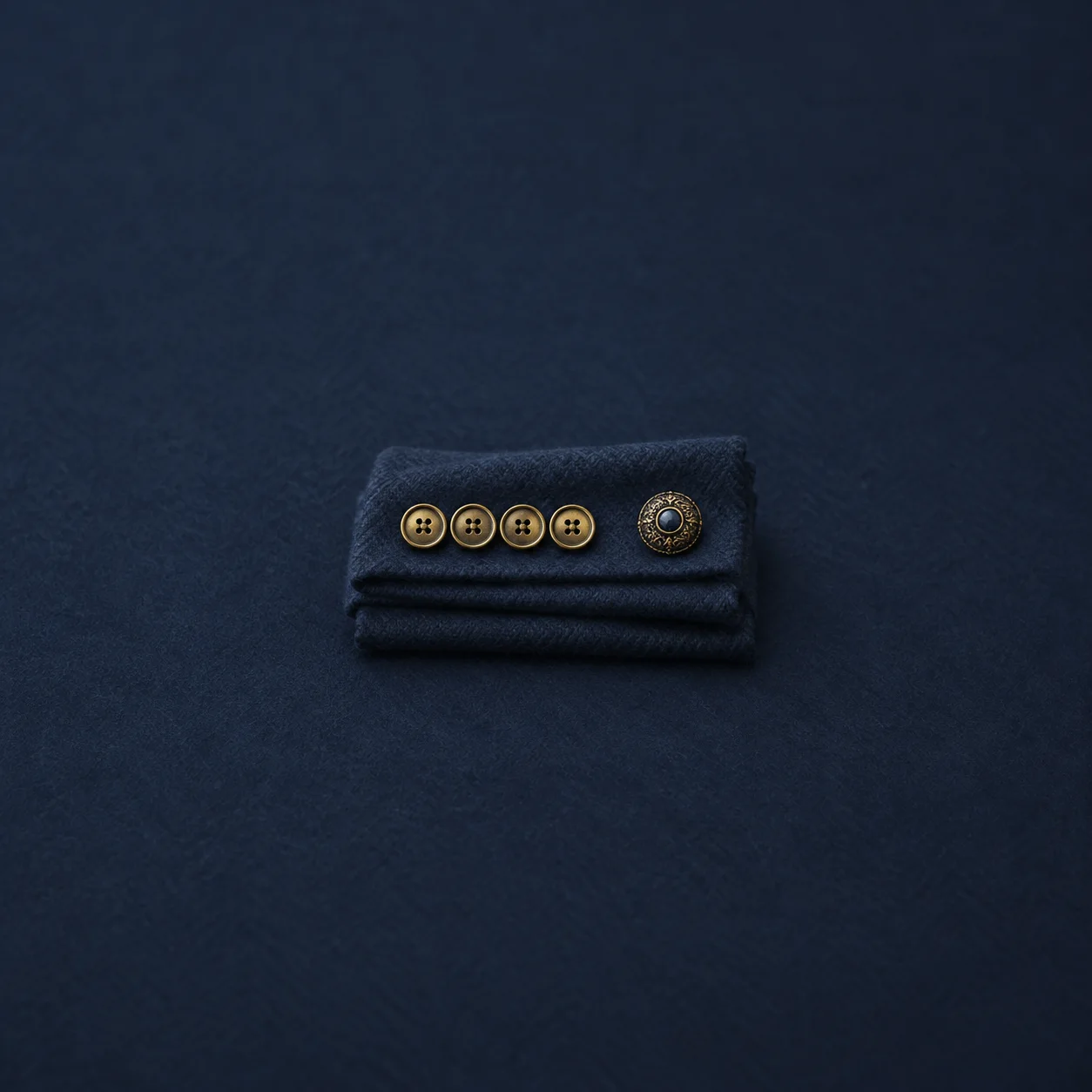 Four matching brass buttons and one larger ornate button sit on folded navy cloth.