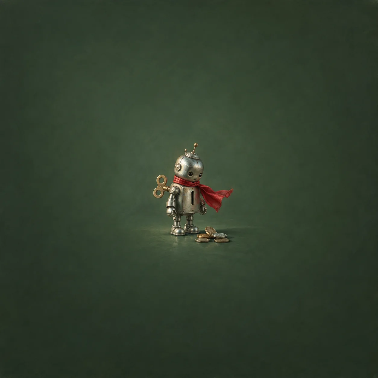 A small wind-up metal robot wears a red scarf beside scattered coins.