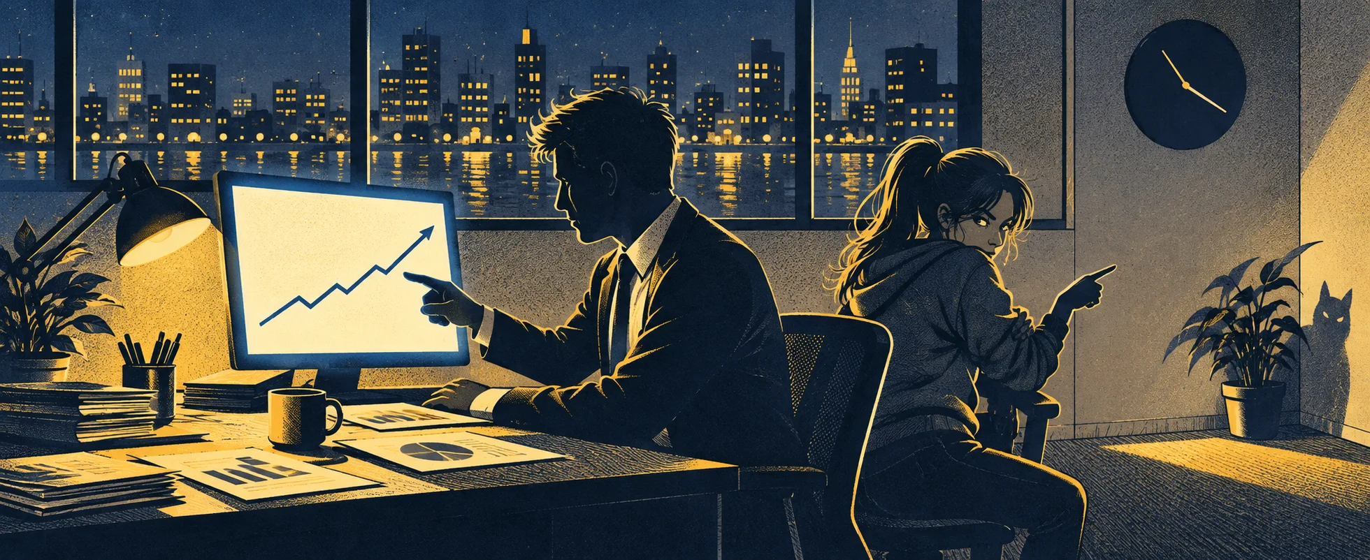 A man points confidently at a rising line on a glowing monitor in a dark office while a colleague beside him gestures slyly off to the side.