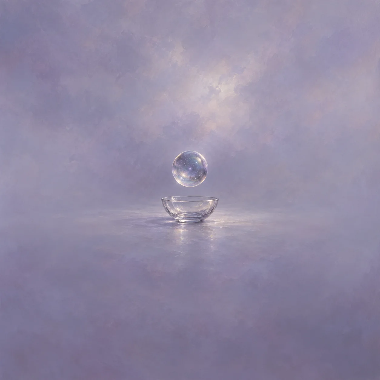 A translucent iridescent bubble floats above a small clear bowl against a softly lit lavender background.