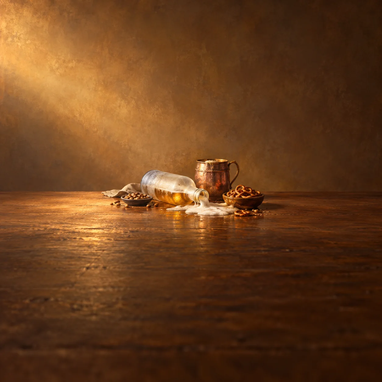 Painterly tipped glass bottle spilling golden liquid and foam beside a mug and snack bowls on wood.