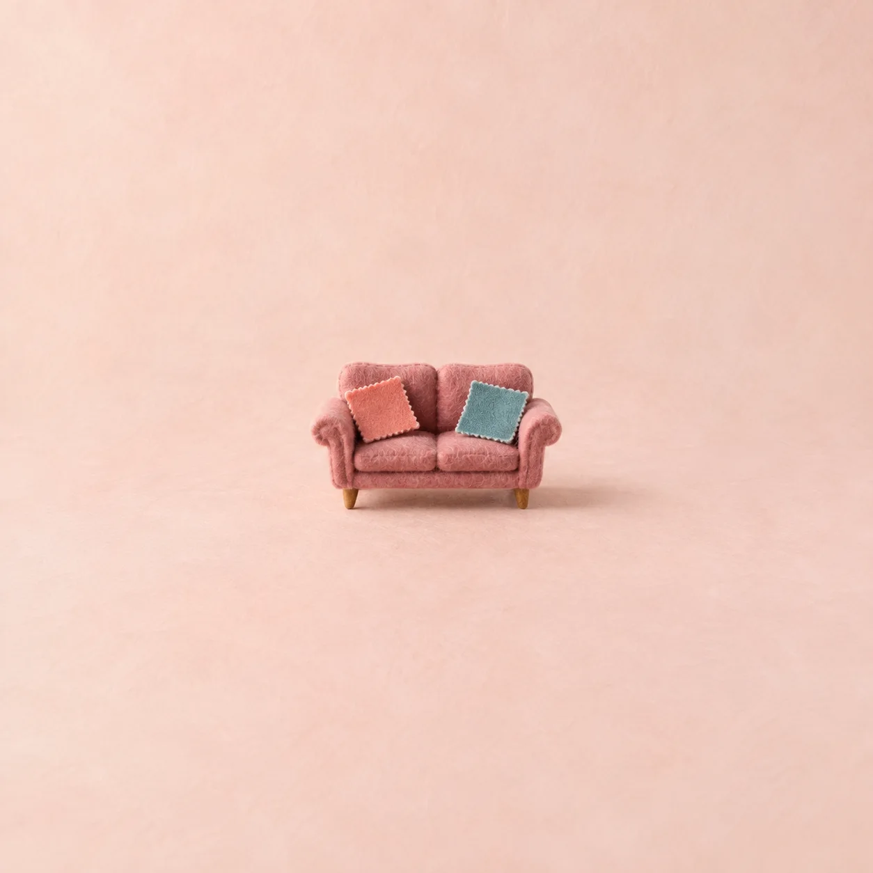 A small pink loveseat with coral and teal fabric squares on its cushions.