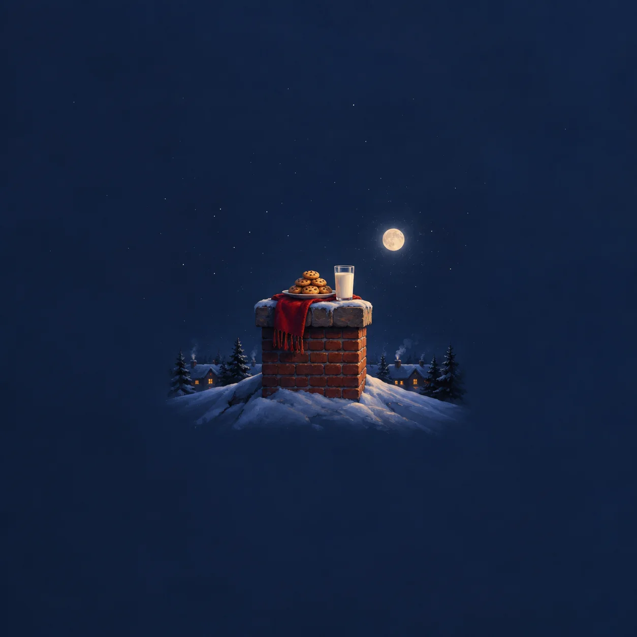 Painterly snow-covered brick chimney topped with cookies and a glass of milk beneath a full moon.