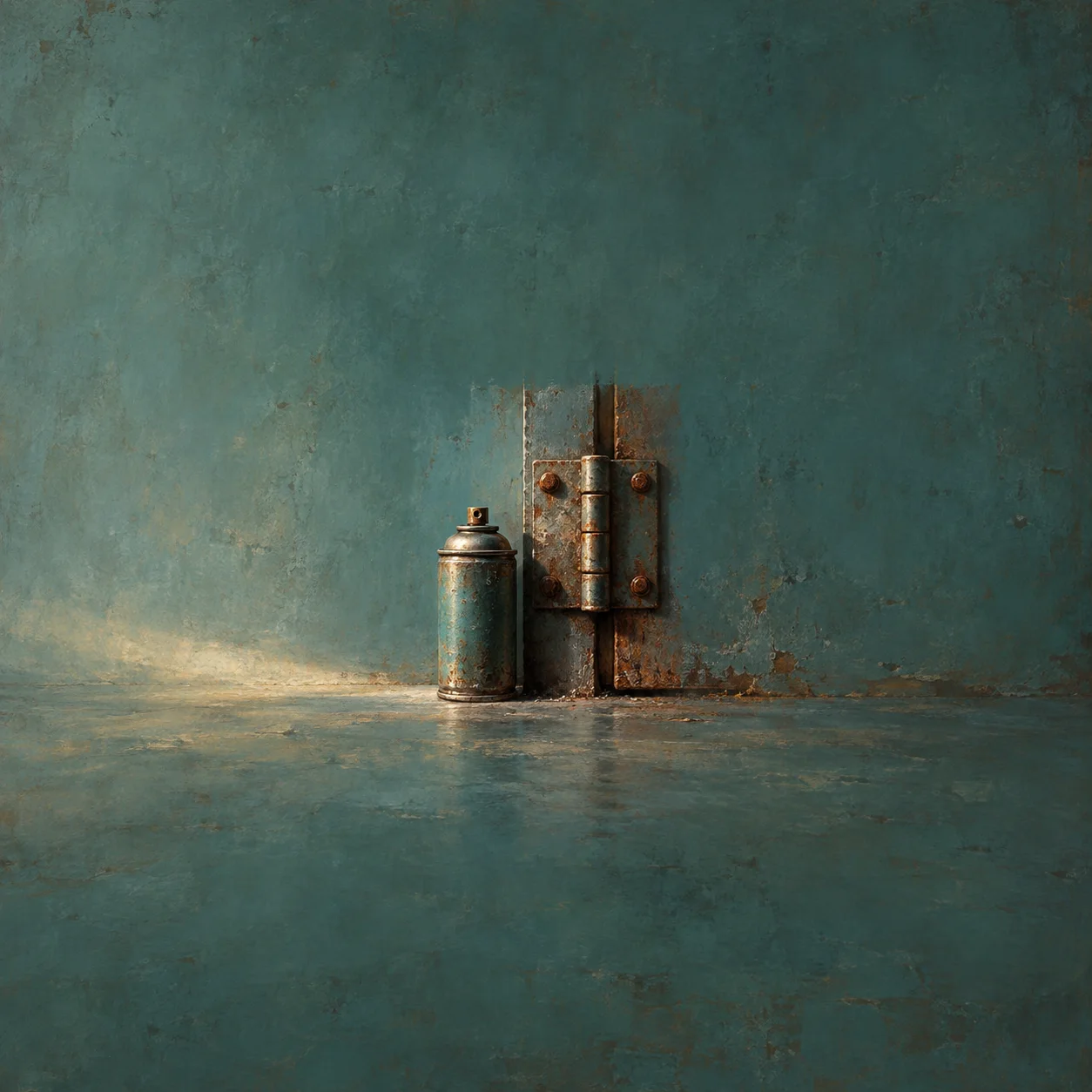 A small weathered spray can stands beside a rusty hinge on a blue-green door.