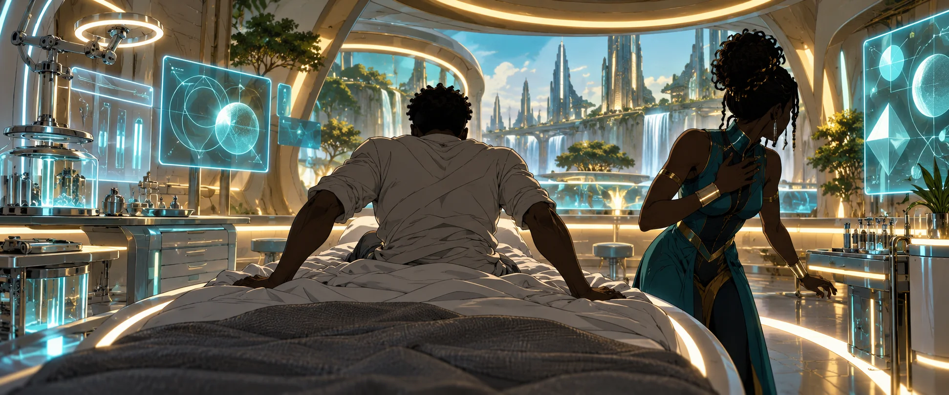 A man wakes on a bed in a gleaming high-tech lab as a young woman in teal turns to him, a futuristic city beyond.