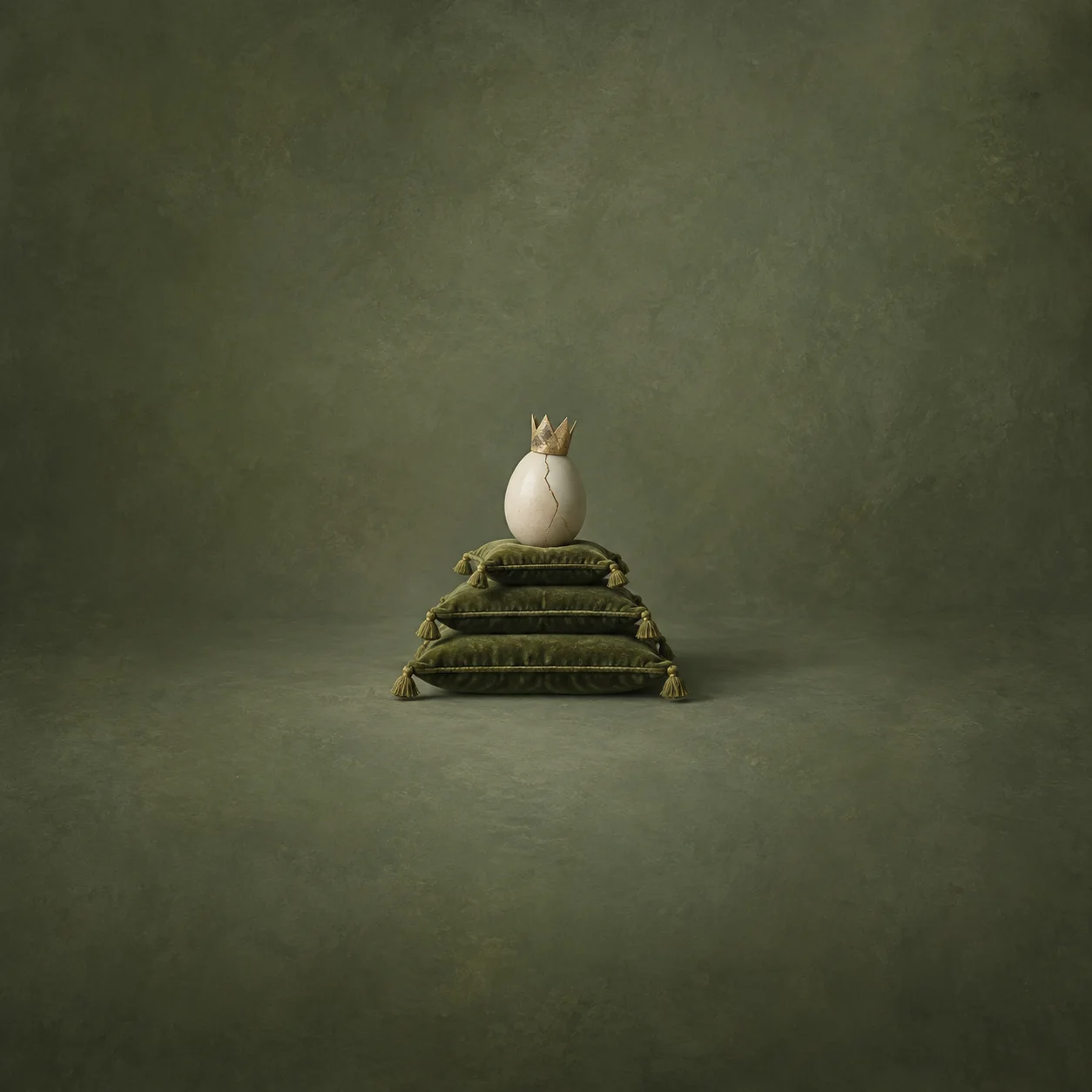 A cracked porcelain egg with a small crown balanced on moss-green cushions.