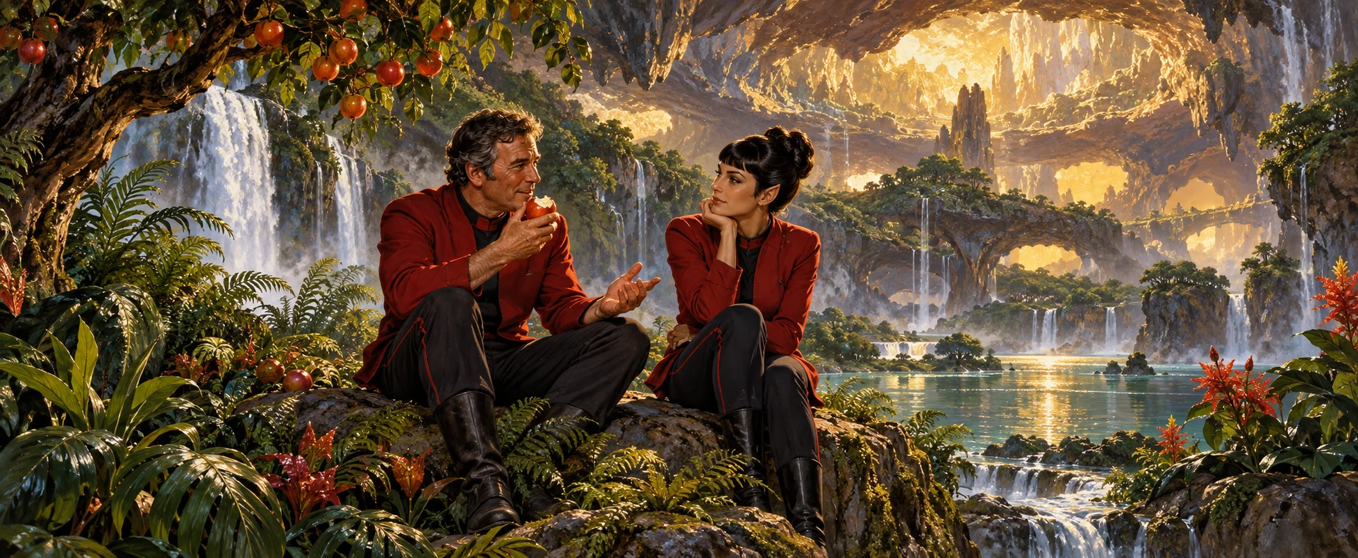 A captain in a red jacket eats an apple on a rock in a glowing cavern paradise, talking to a young officer.
