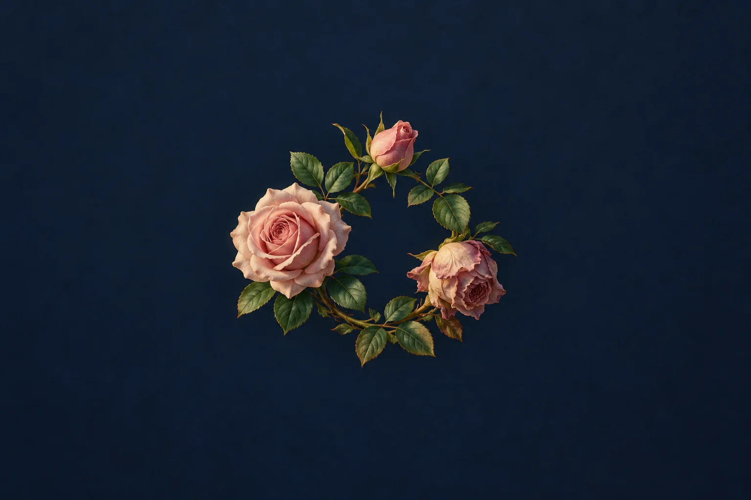 A loose wreath of pink roses includes a bud, an open flower and a fading bloom with green leaves against navy.