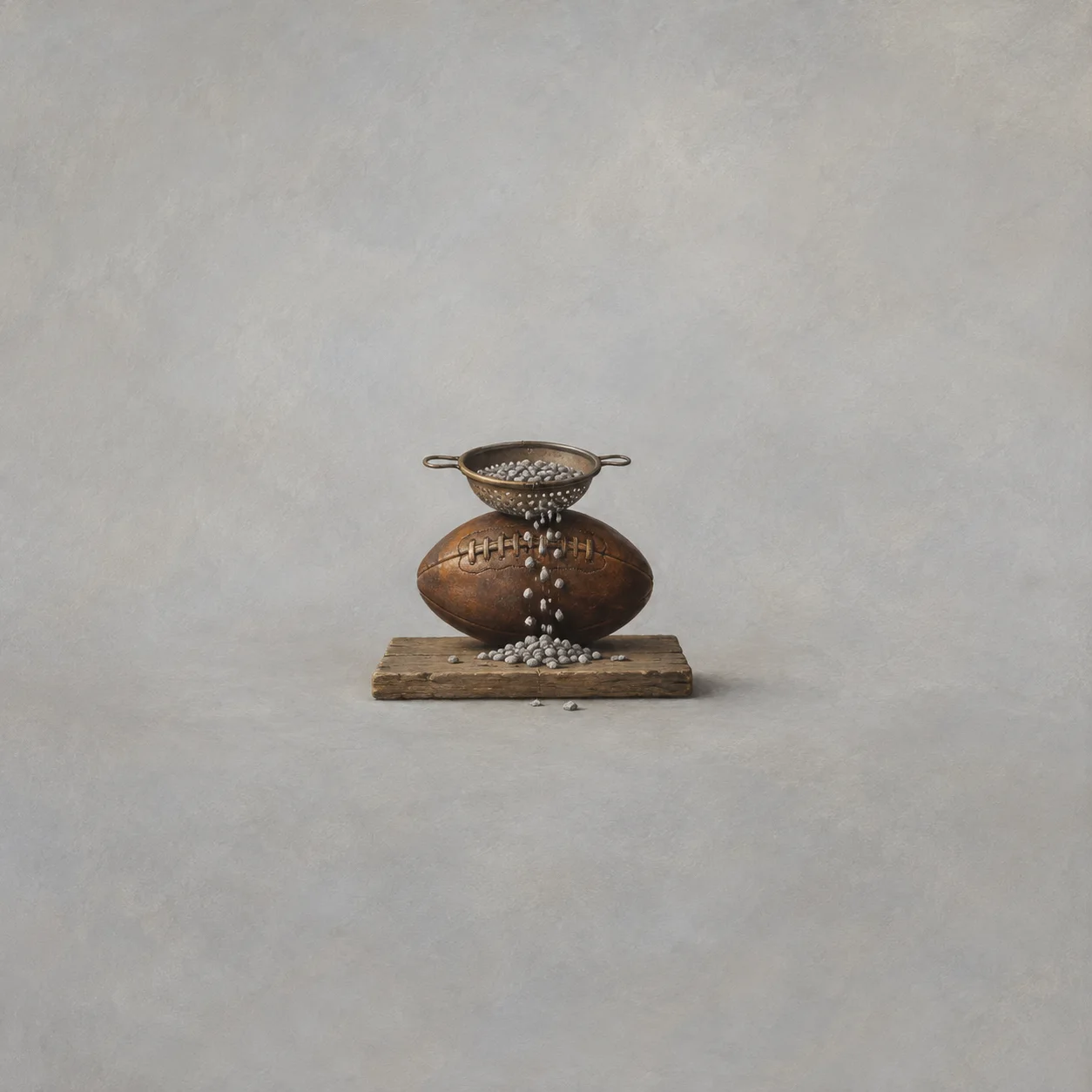 Gray pebbles falling from a small sieve past a brown leather football onto a wooden plank.