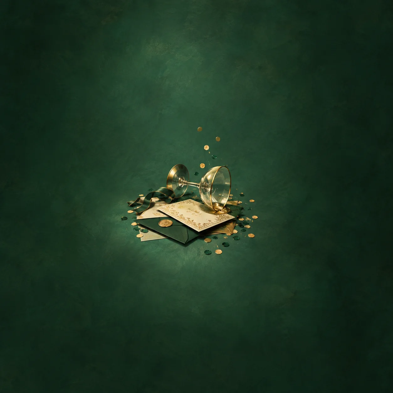 A tipped golden-rimmed glass lies on invitation cards amid scattered and floating gold confetti against emerald.