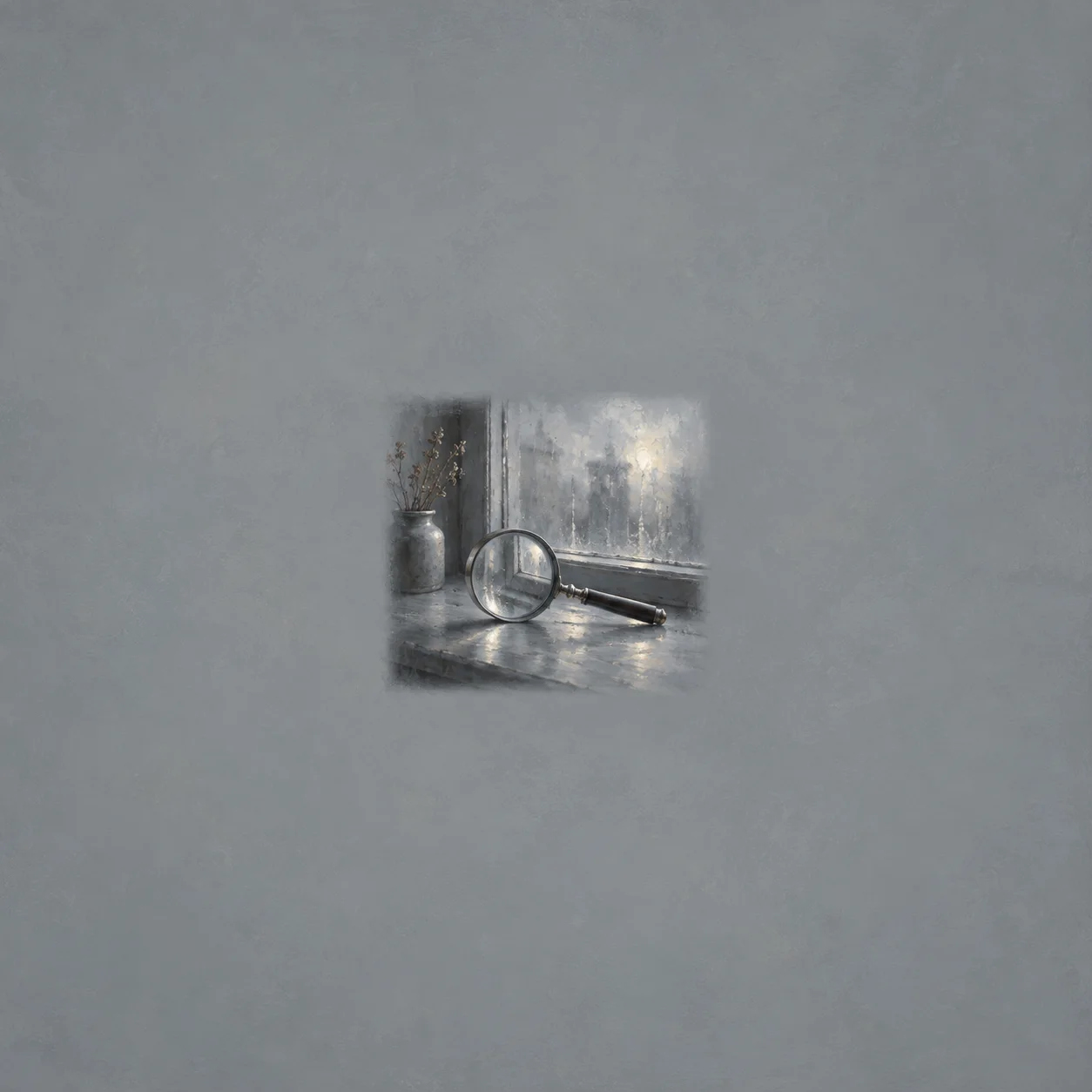 Painterly magnifying glass resting on a sill beside a rain-streaked window.