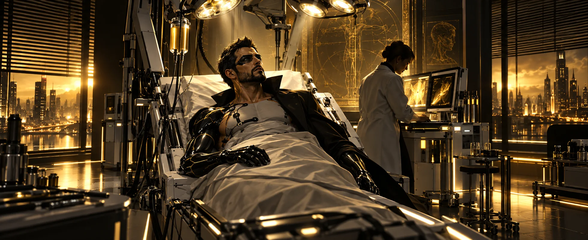 Adam Jensen, goateed and with black prosthetic arms, lies on a surgical bed in a gold-lit Detroit lab as a doctor works at a monitor, the city skyline glowing through the blinds.