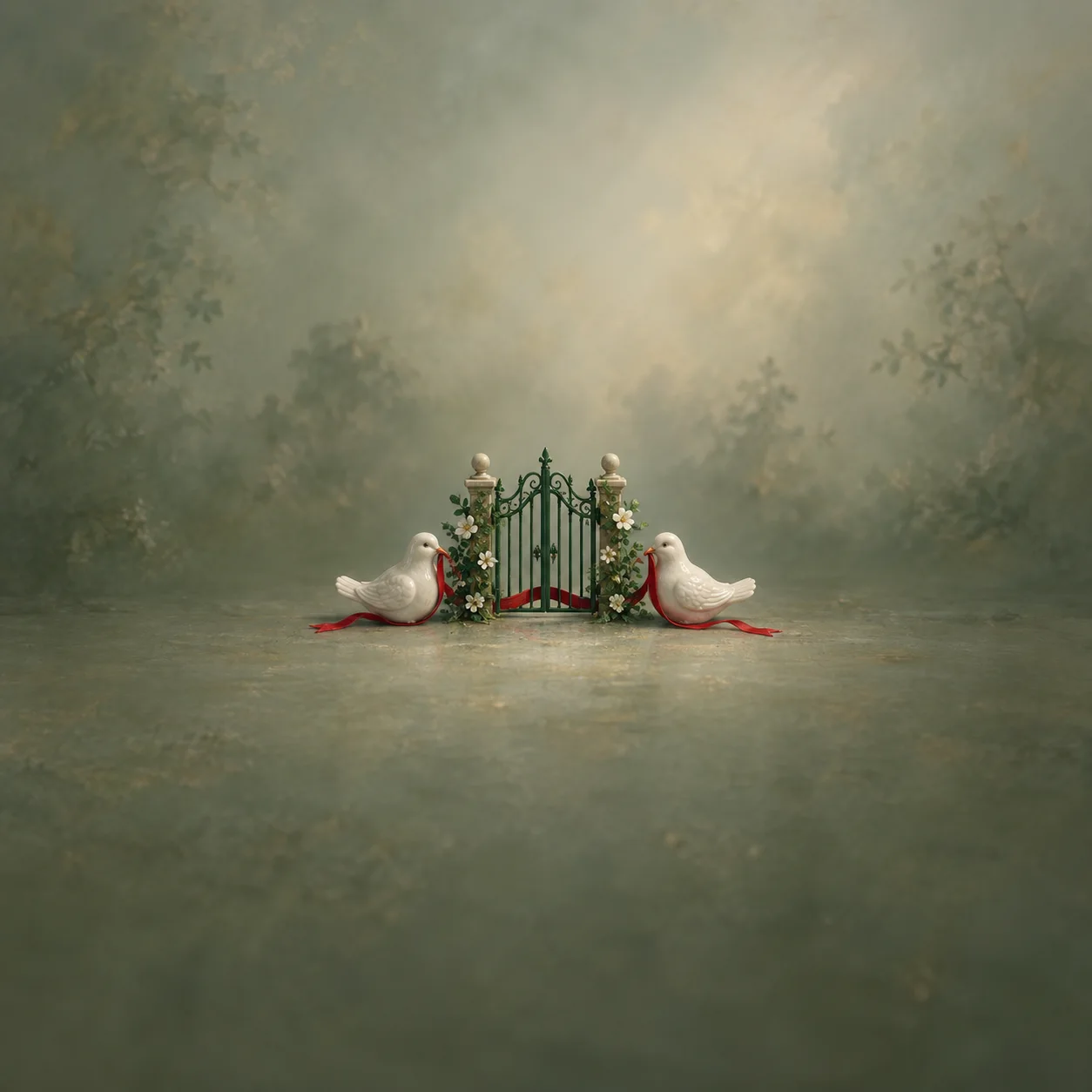 Two porcelain doves on either side of a small green gate joined by a red ribbon.