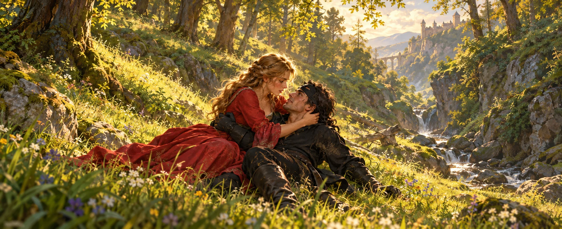 A young woman in a red dress embraces a man in black on the grassy floor of a sunlit ravine.
