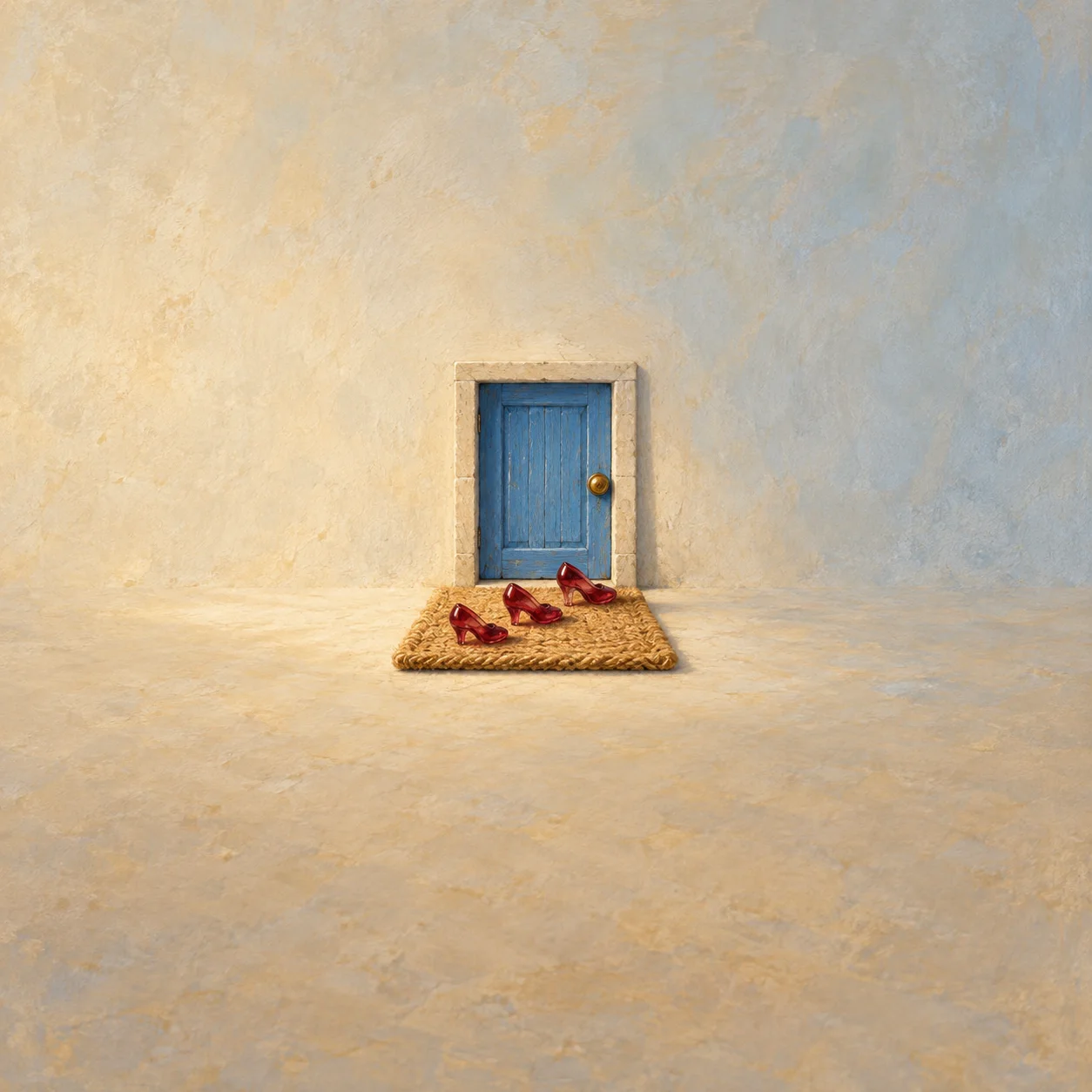 Three small red slippers on a straw mat in front of a tiny blue door.