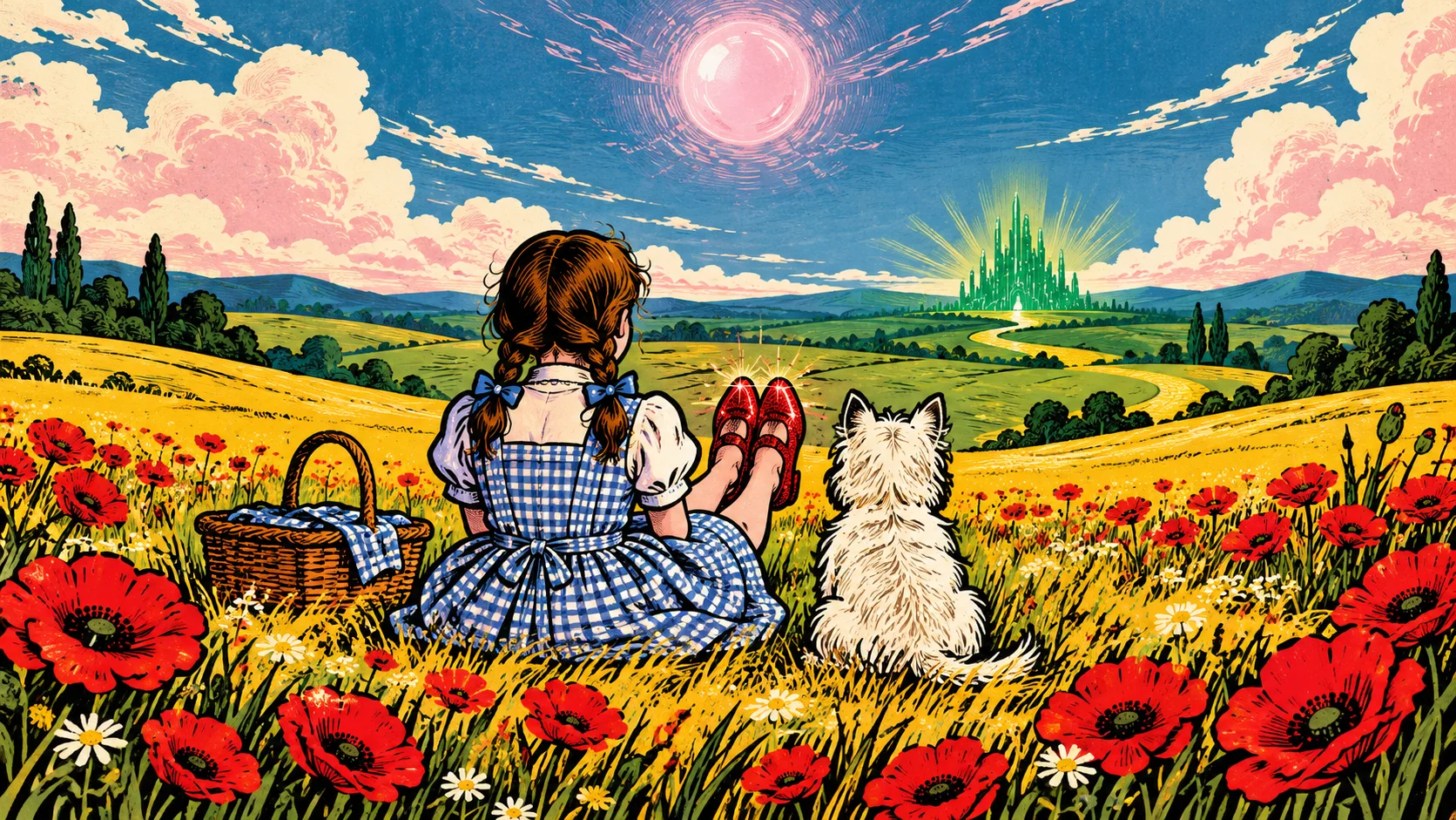 A girl in a gingham dress and ruby slippers sits with her little dog in a field of red poppies, a green city glowing on the horizon.