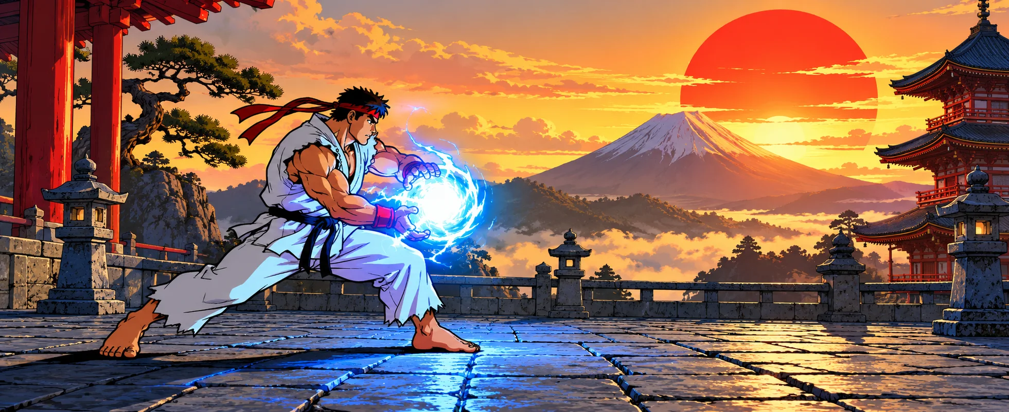 A martial artist in a white gi and red headband charges a blazing blue energy ball between his palms in a temple courtyard at sunrise.