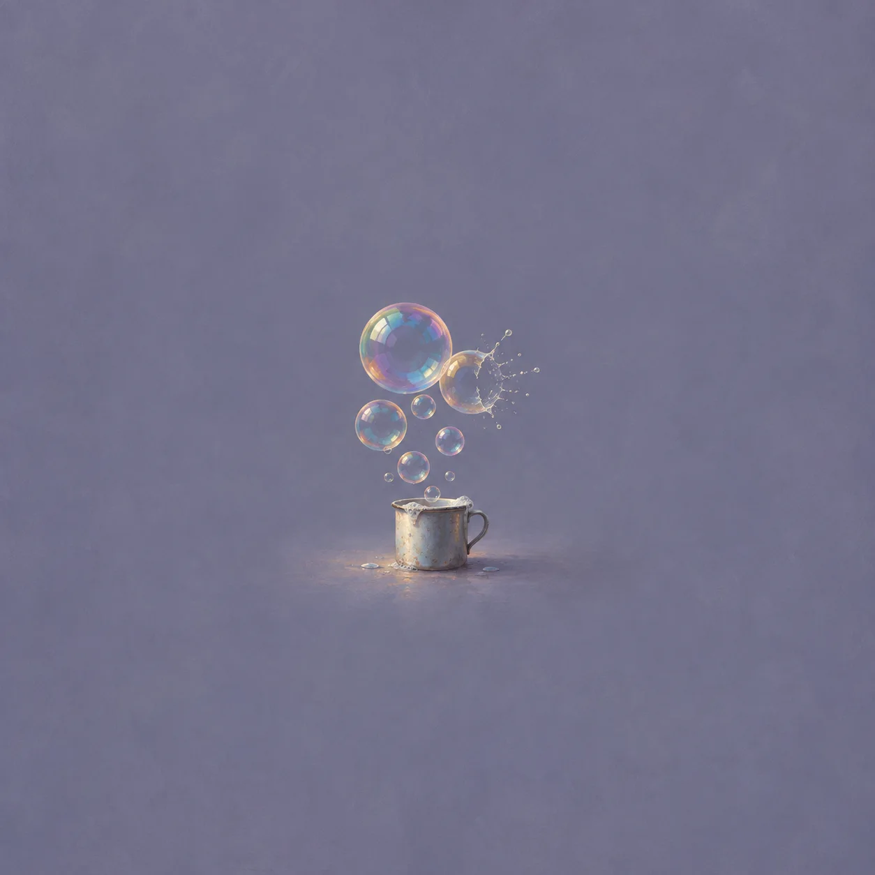 A cluster of soap bubbles above a tin cup, one bubble bursting, on a slate-violet background.