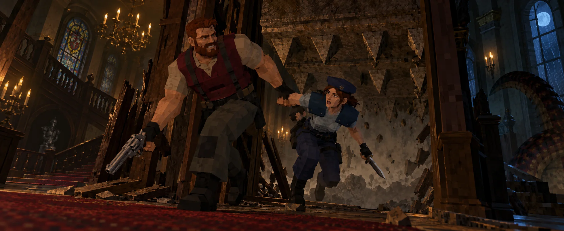 Bearded Barry Burton, revolver in hand, hauls Jill Valentine in her blue beret out through a broken doorway as a spiked ceiling grinds down in the gothic mansion behind them.