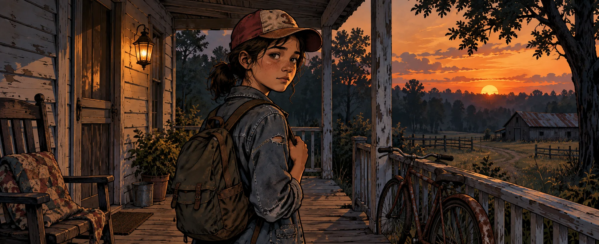 A girl in a cap with a backpack glances back from a farmhouse porch at sunset.