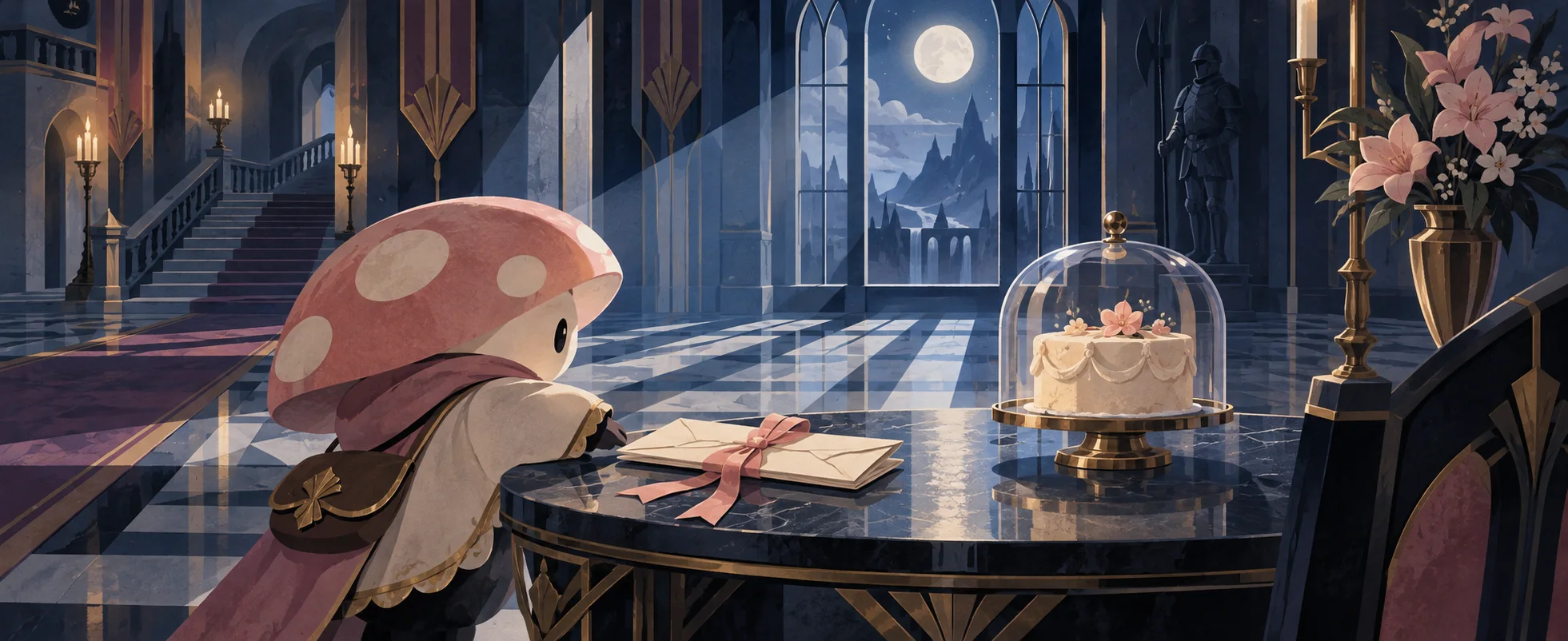 A mushroom-capped attendant sits by a table holding a sealed letter and a cake under glass in a moonlit castle.