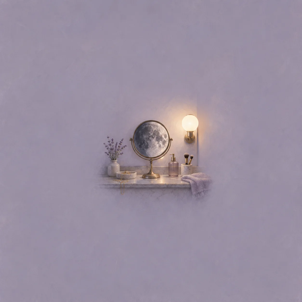 Painterly round vanity mirror showing a moonlike surface beside a glowing wall light.