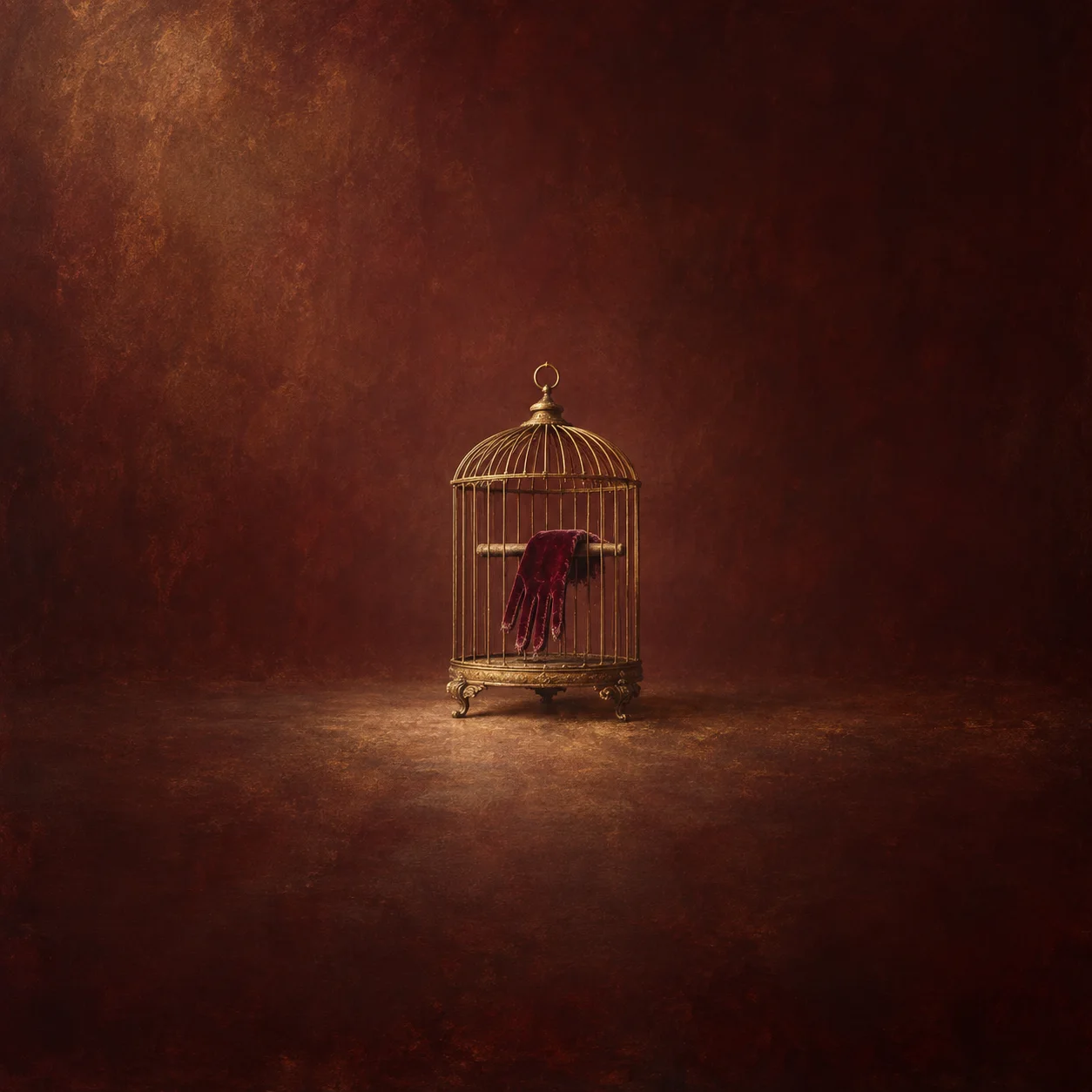 A dark red glove hangs over a perch inside a small golden birdcage against burgundy.