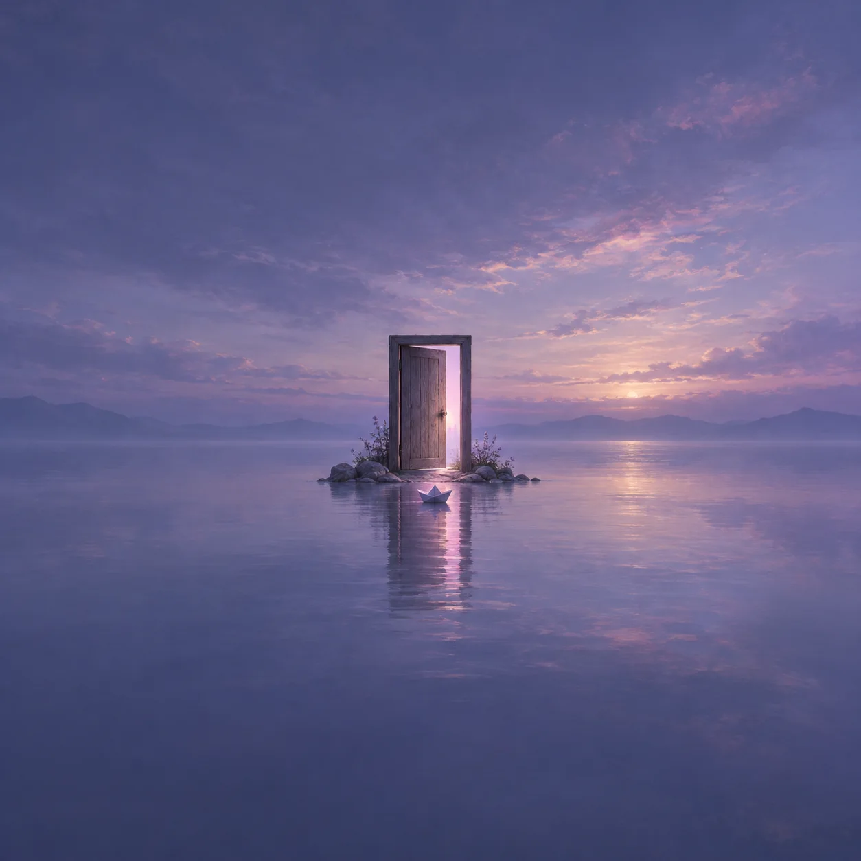 An open doorway stands among small rocks in calm purple water, with a paper boat in front and pale light beyond.