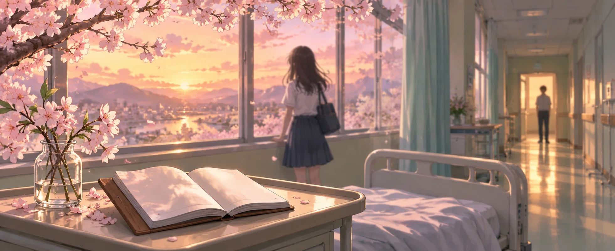 Anime-style illustration of a hospital corridor at sunset, an open diary beside cherry blossom on a bedside tray, a schoolgirl at the window and a boy in the far doorway.