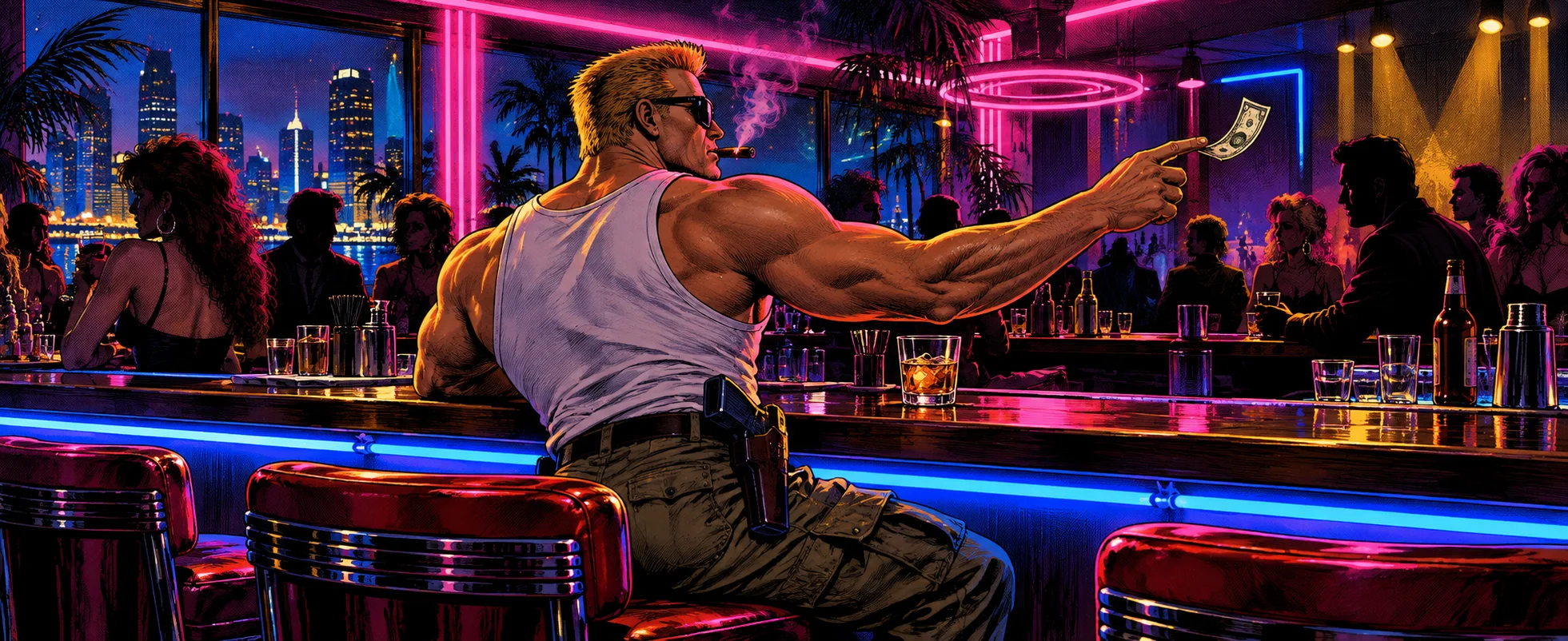 A muscular crew-cut hero in sunglasses and a tank top flicks a dollar bill from a stool in a neon-lit 1990s club bar.
