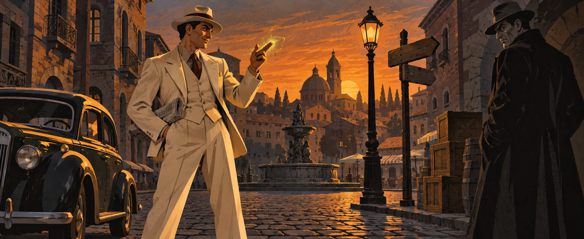 A man in a pale suit and hat points a finger with a grin on a cobbled square at sunset as a shadowy figure watches.