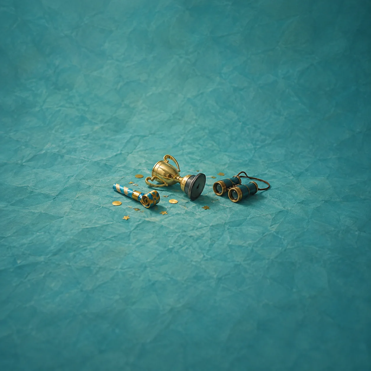 A toppled gold trophy beside a striped party horn, binoculars and confetti on crumpled turquoise paper.