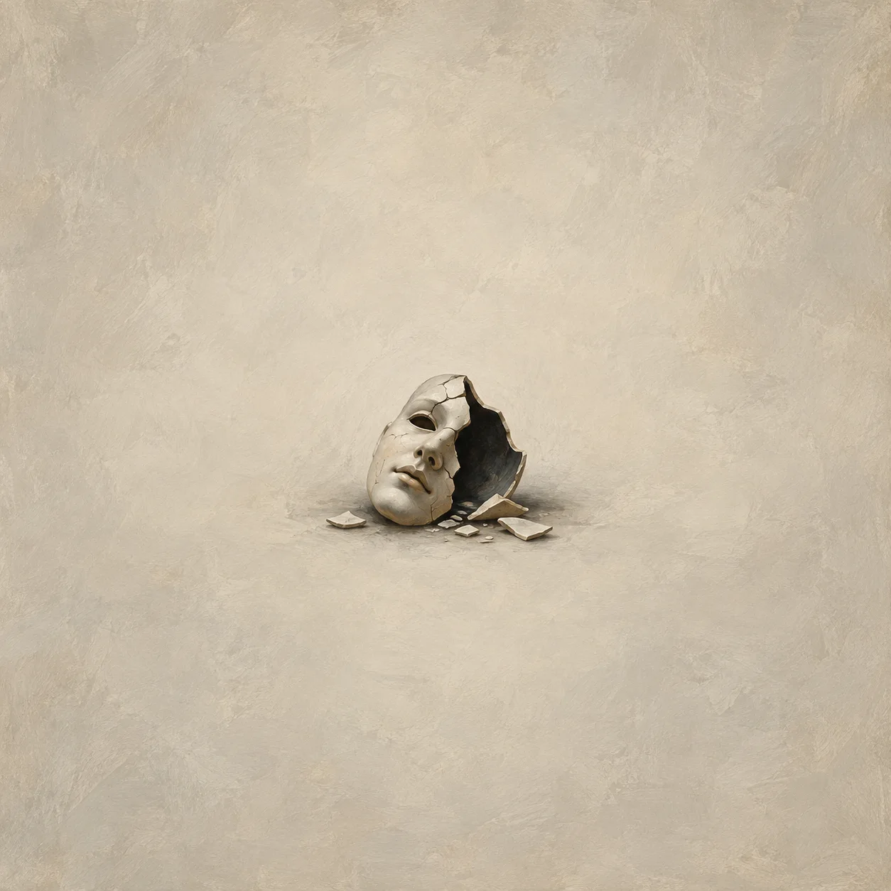 Angled cracked ivory porcelain mask with dark hollow interior and shards below