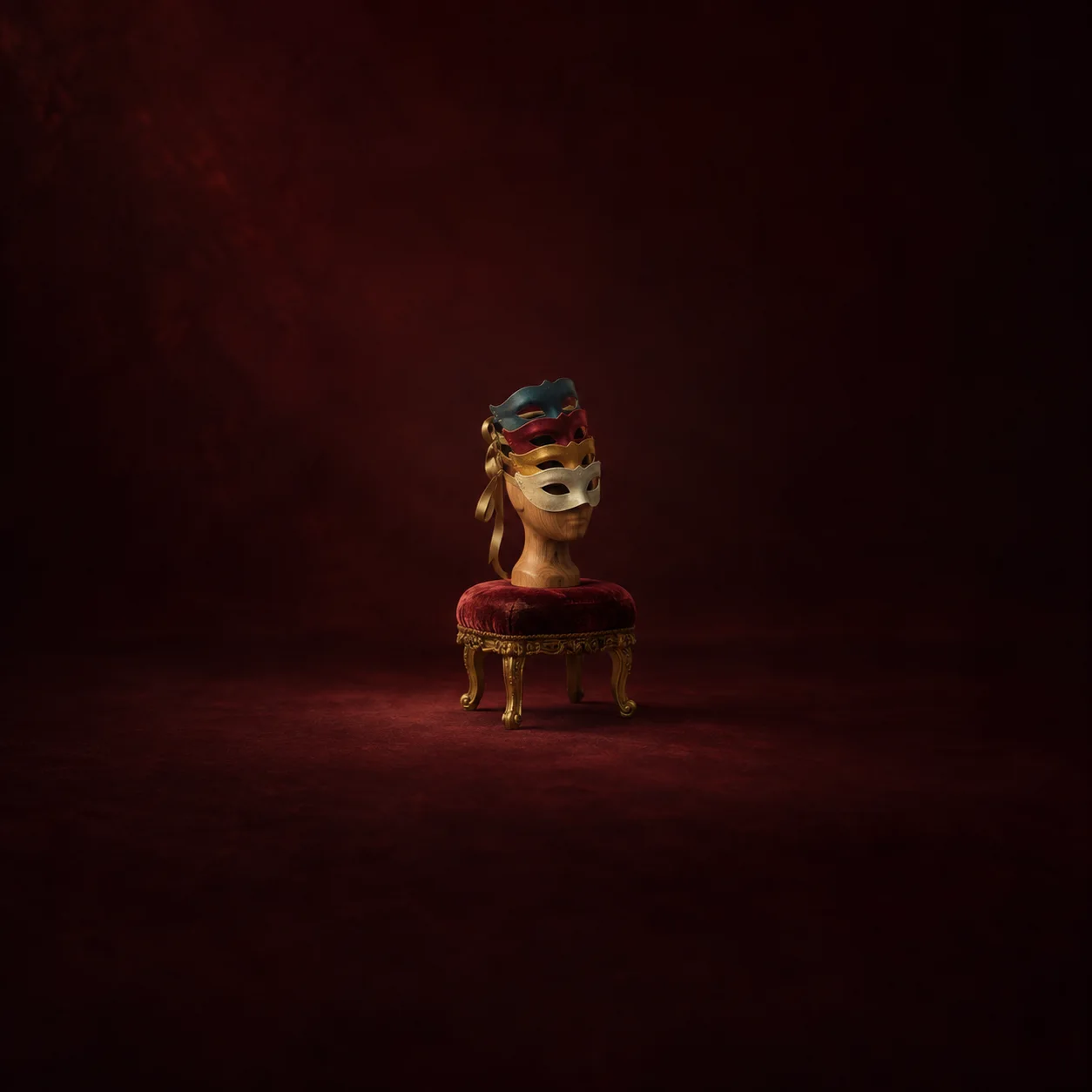A mannequin head wearing a stack of colourful theatrical masks rests on a red velvet stool against a dark burgundy background.