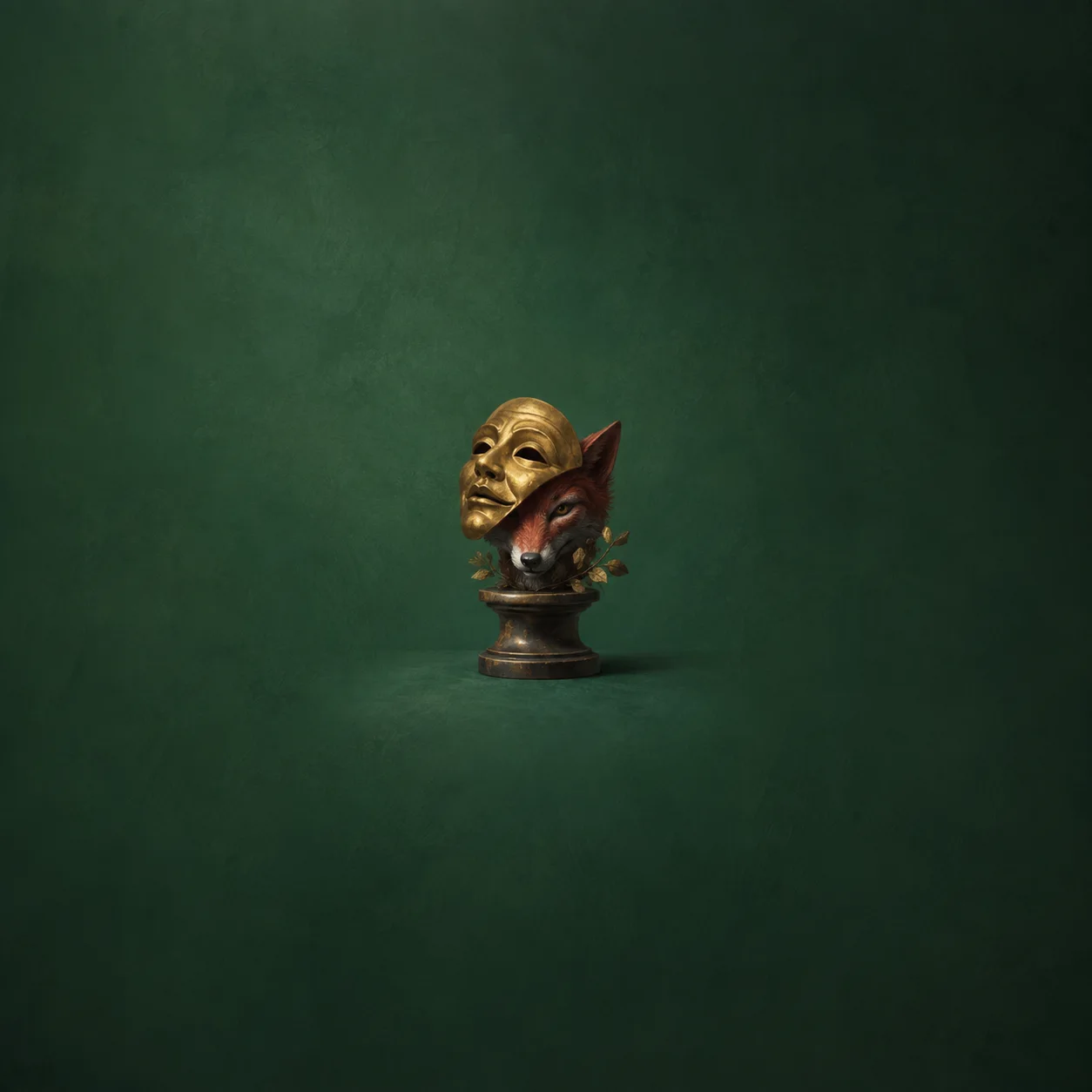 A golden theatre mask partly covering a reddish fox head on a small pedestal against dark emerald green.