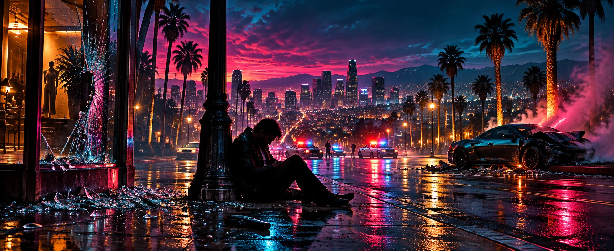 A lone figure slumps against a lamppost on a neon-lit Los Santos boulevard at night beside a smoking wrecked sports car and flashing police lights.