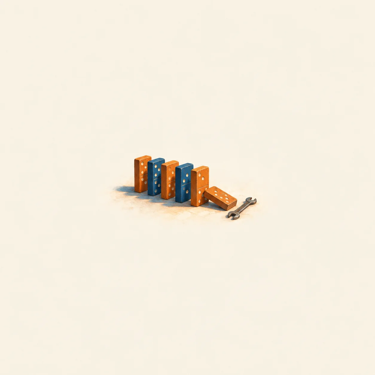 Orange and blue wooden dominoes stand in a row beside a fallen domino and a small metal spanner on a cream background.