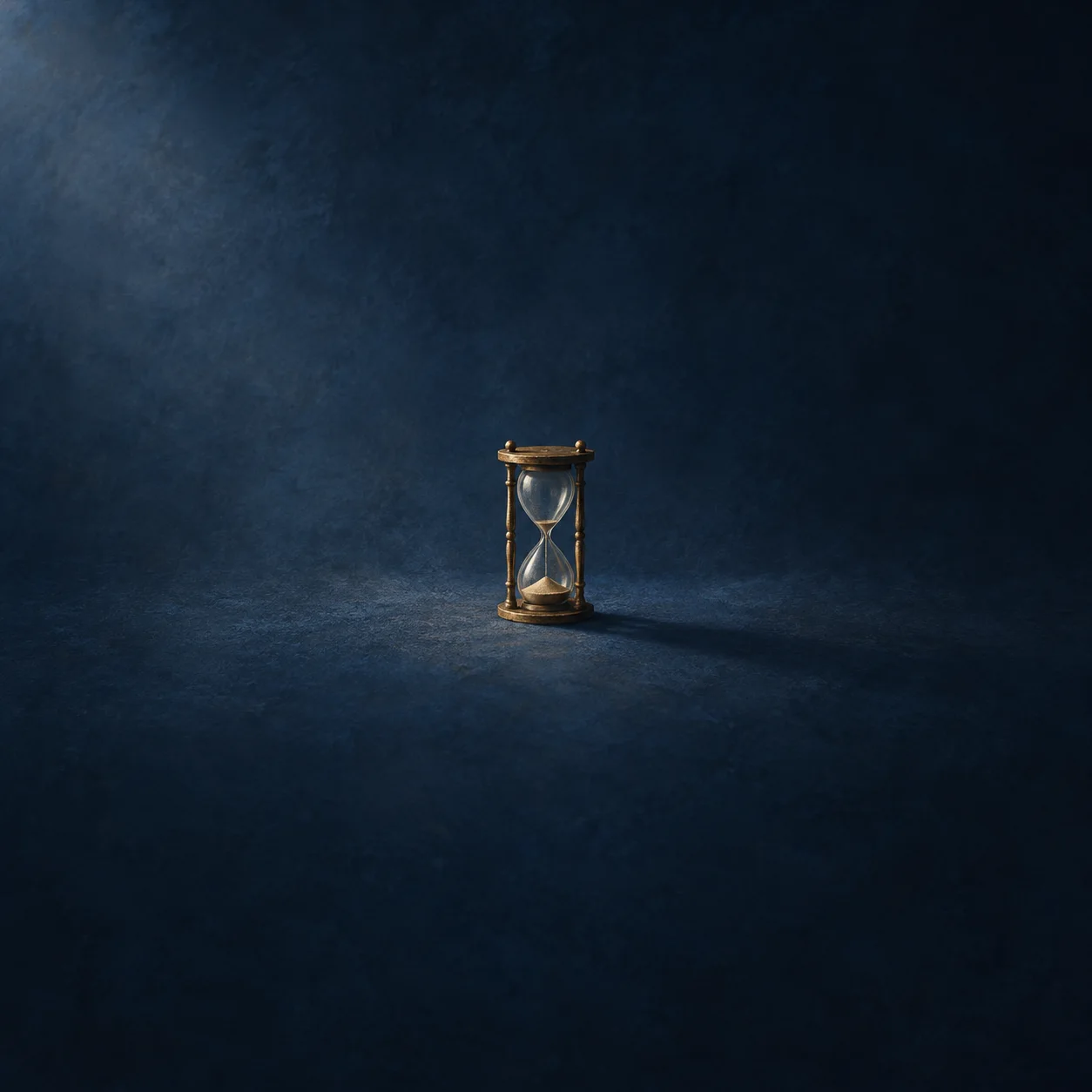 A small aged brass hourglass with almost no sand left in the top, casting a long soft shadow on a dark blue background.