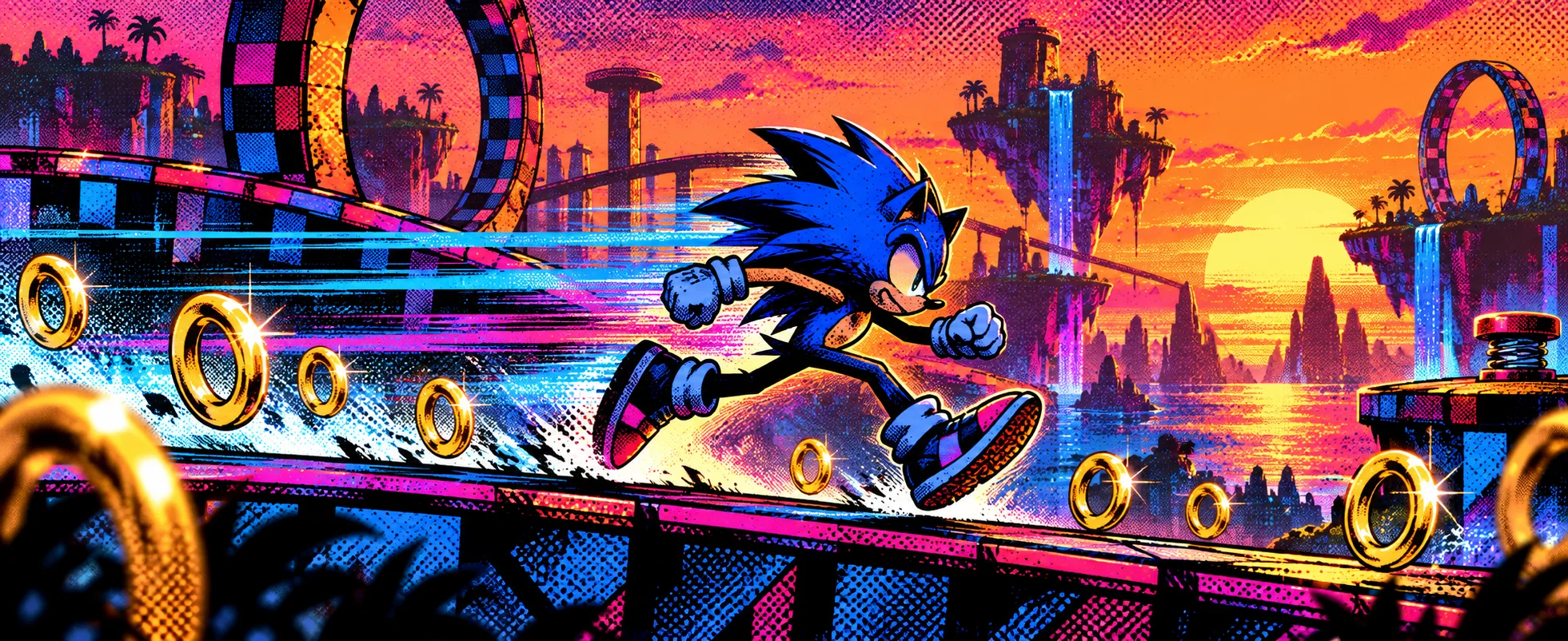 A blue hedgehog races through golden rings along a neon loop-the-loop course at sunset.