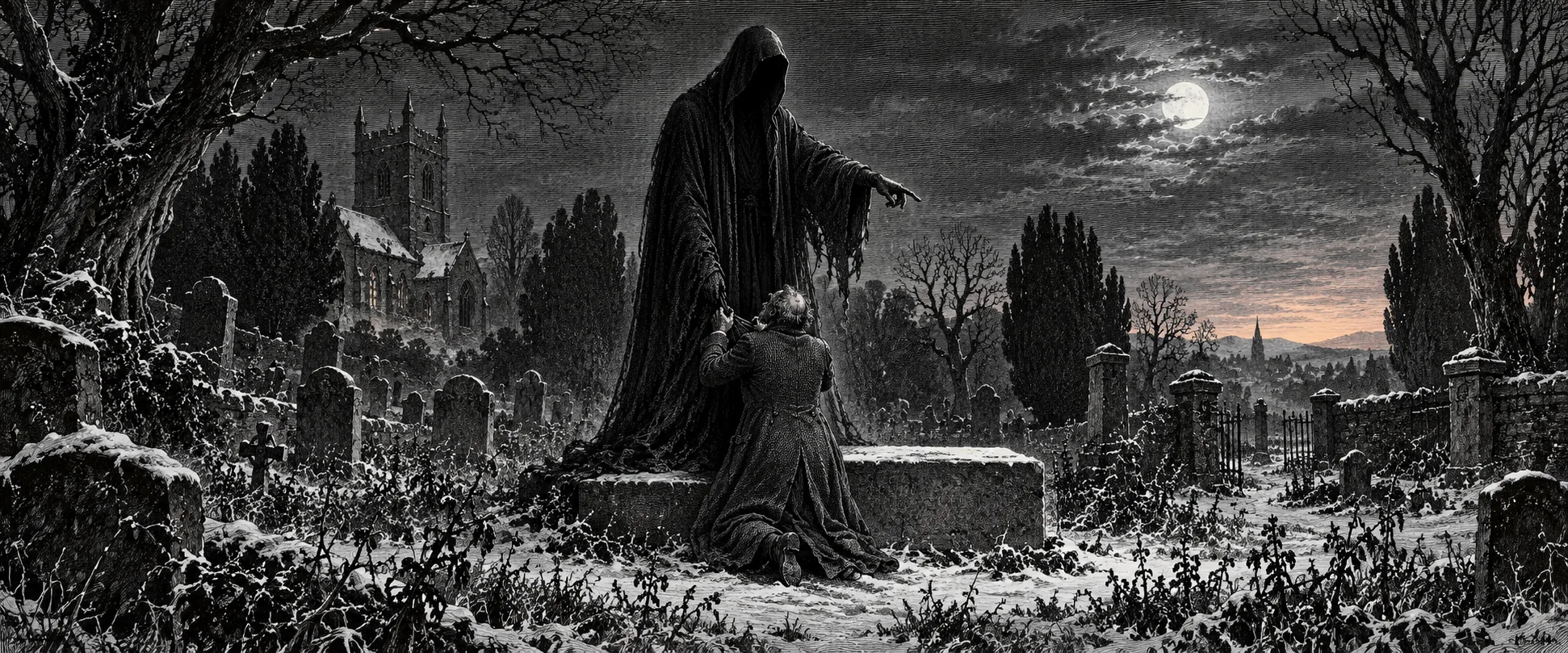 Victorian engraving: an old man kneels by a snowy grave as a tall hooded phantom points down at it under the moon.