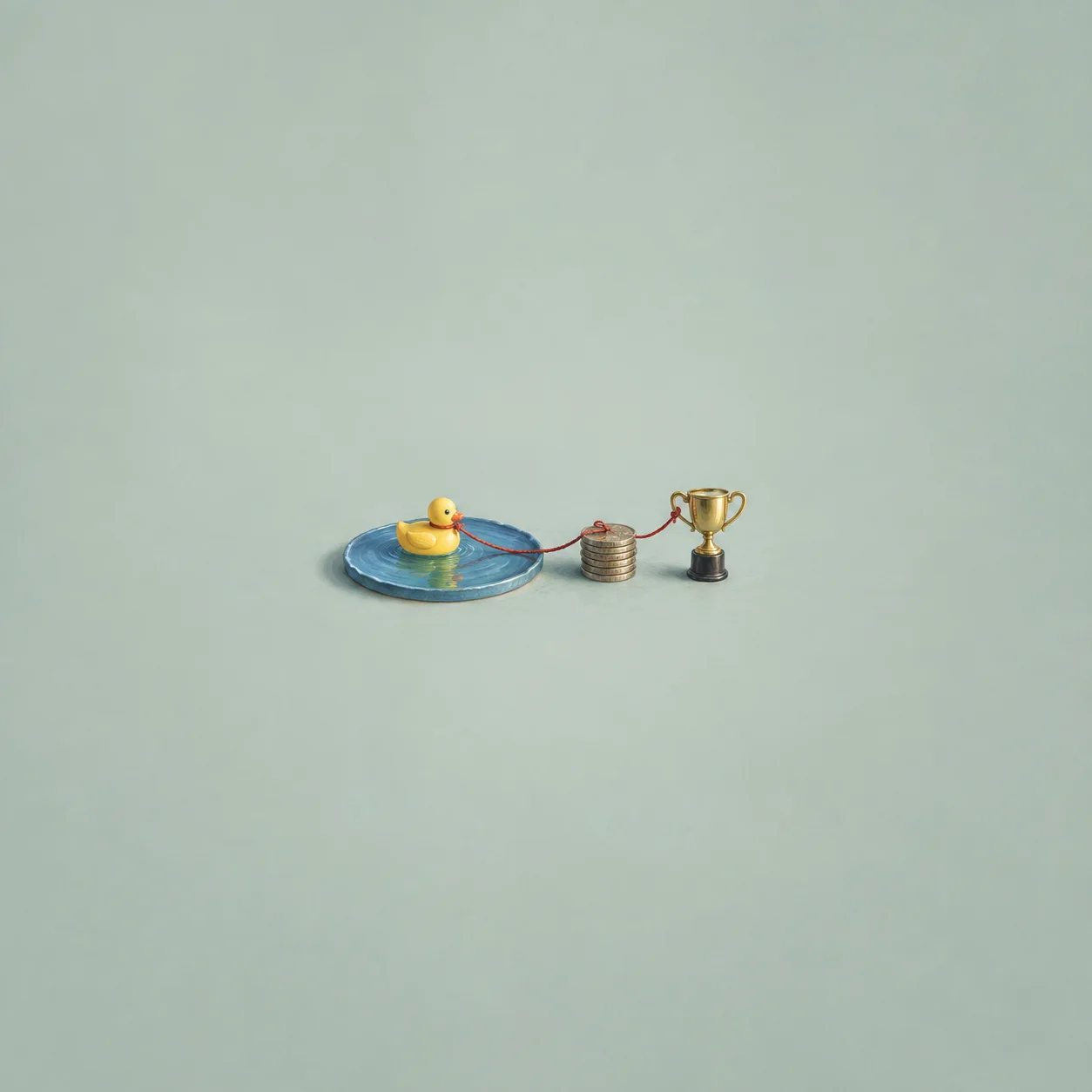 A yellow rubber duck floats in a small blue pool linked by red string to stacked coins and a gold trophy.