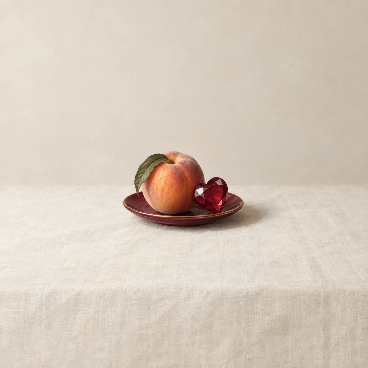 A peach and a red faceted heart-shaped gem on a small maroon saucer.