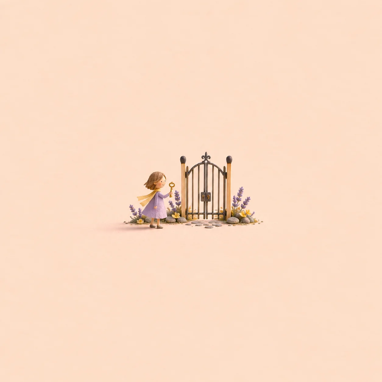 A small paper figure holds a key before a miniature locked gate surrounded by flowers.
