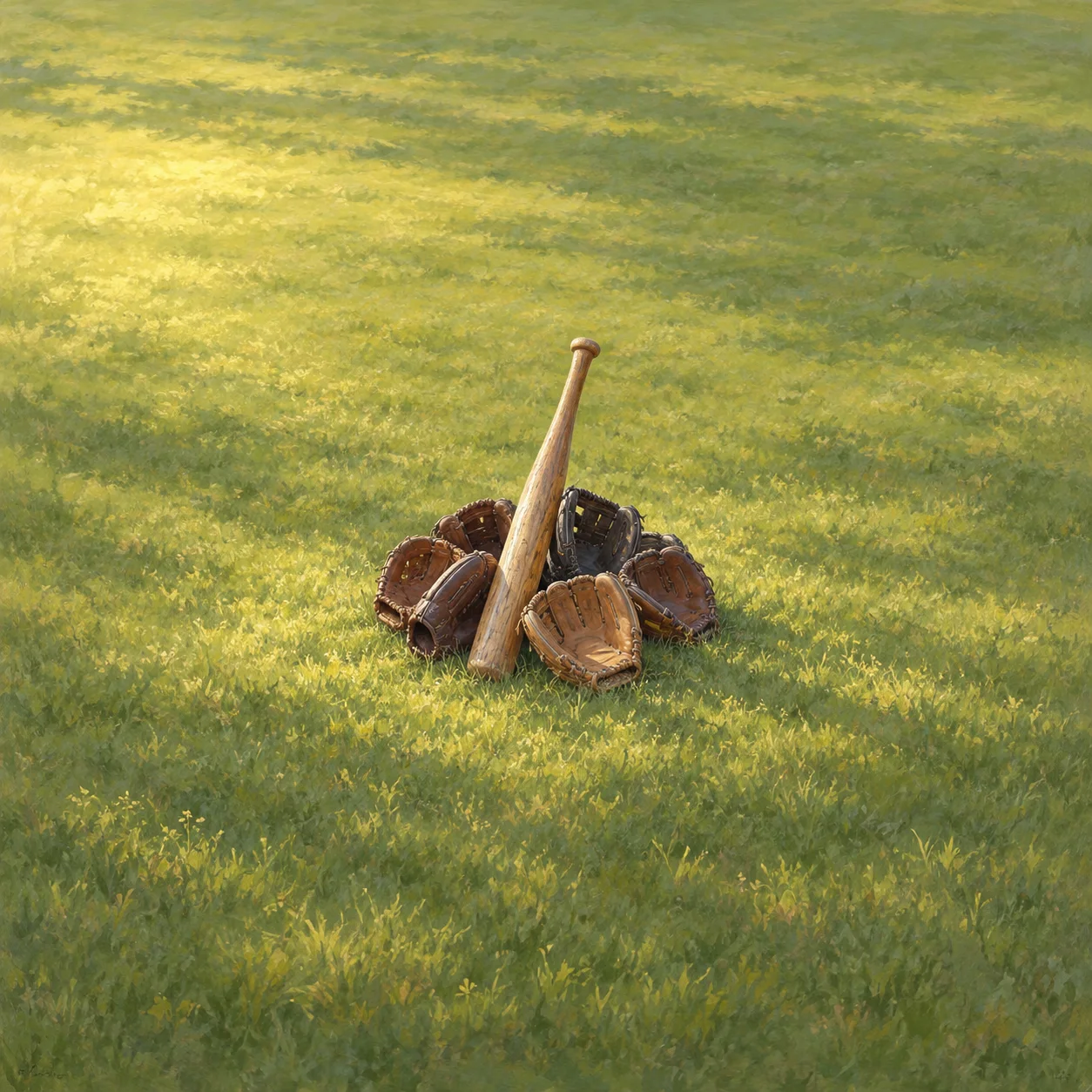 Painterly baseball bat leaning against a circle of worn gloves on green grass.