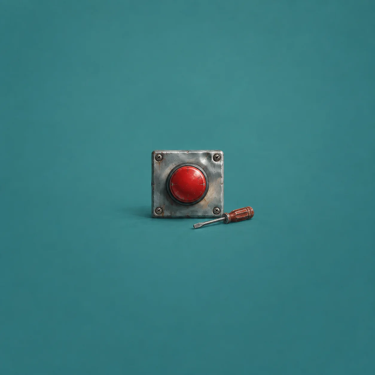A large red push-button is mounted on a dented metal panel beside a small screwdriver on teal.
