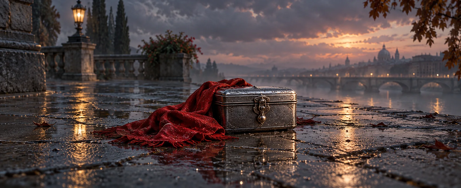 A closed steel box with an ornate clasp rests beside a red cloth on a rain-wet grey pavement.