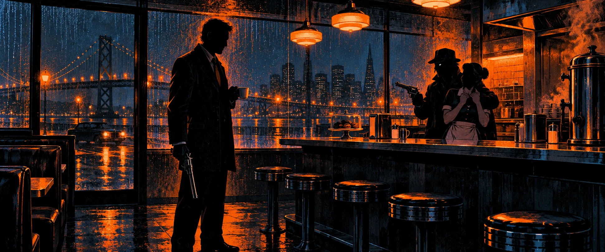 A detective in a dark suit stands with a revolver at his side in a rain-streaked diner as a robber holds a frightened waitress by the counter.
