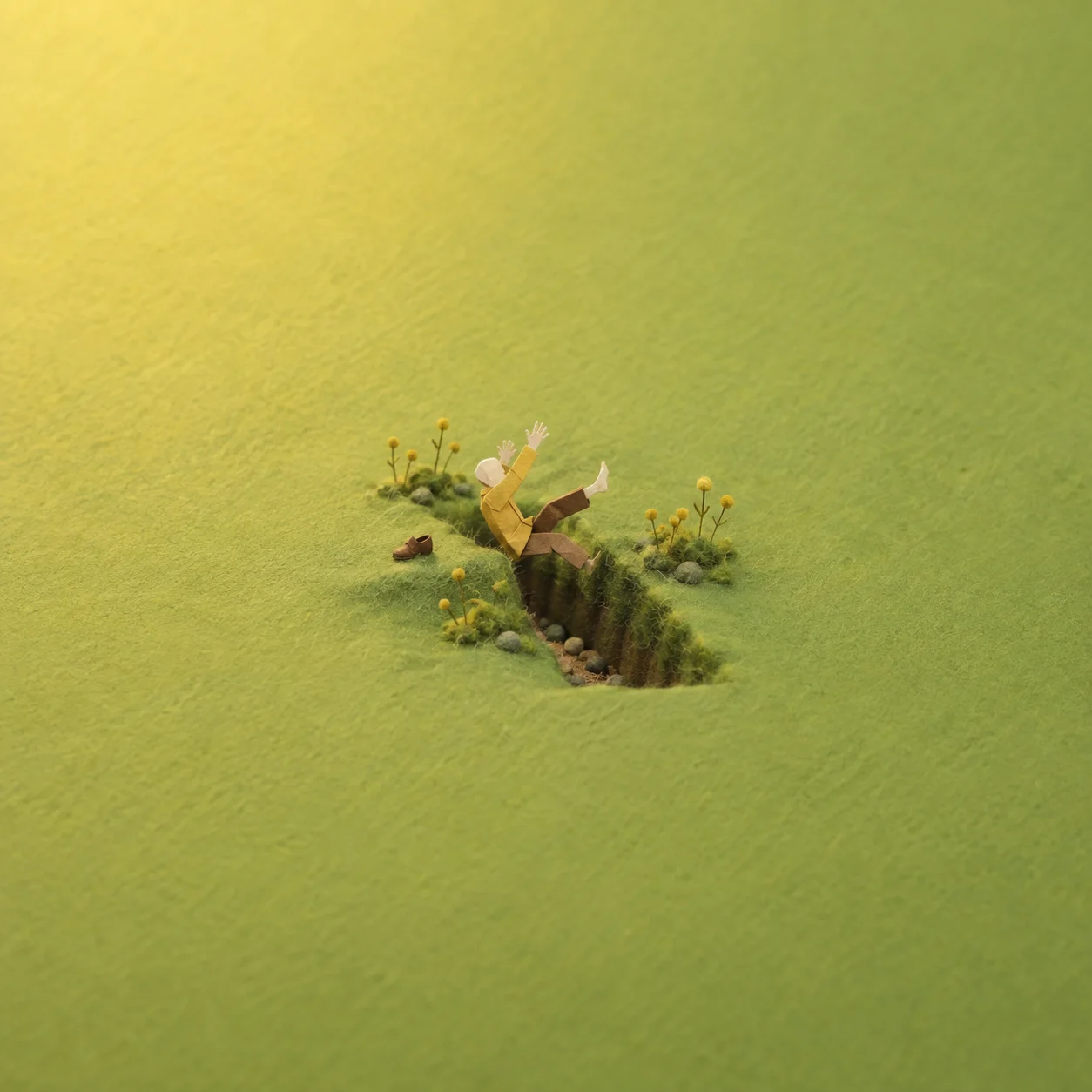 A tiny figure tumbles into a ditch in green felt, with a shoe left near the edge.