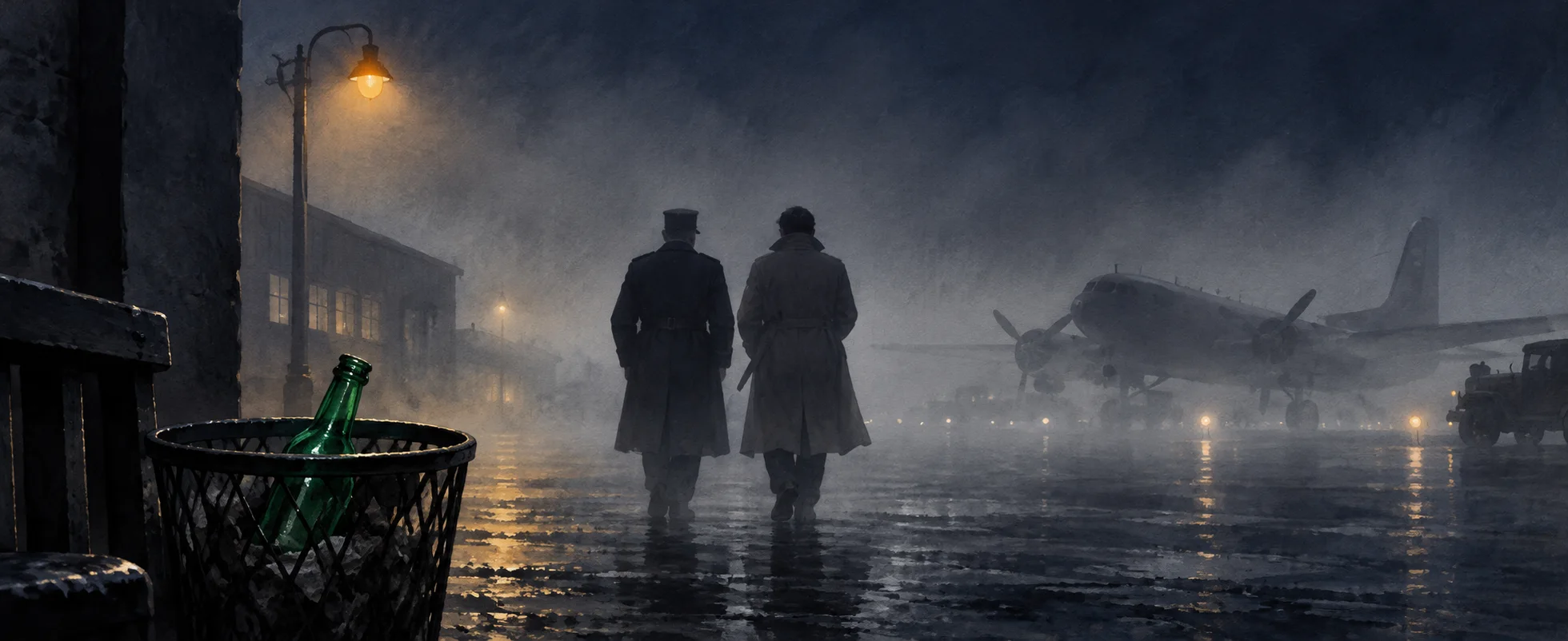 Two men walk away together into the fog of a night airfield, a plane behind them and a bottle in a wastebasket in the foreground.