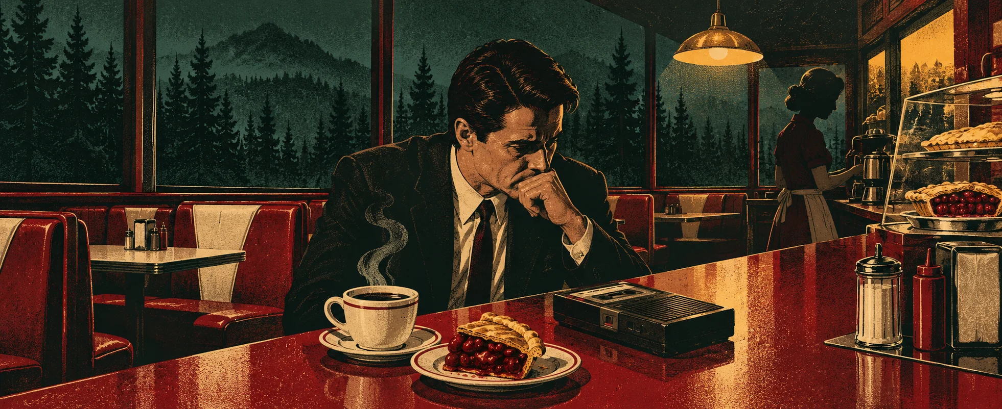 An FBI agent in a dark suit sits at a red diner counter with a steaming cup of black coffee and a slice of cherry pie, pine forest beyond the window.